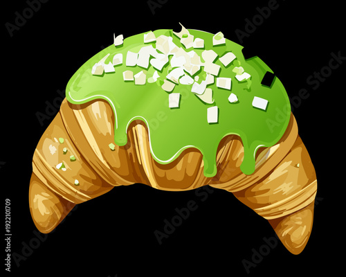 Creative Croissant with Green Icing and White Sprinkle Toppings on Minimalist Black Background Style Art - Vector Illustration