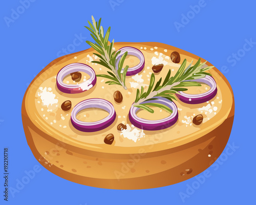 Savory Onion and Herb Bruschetta with Creamy Spread on Vibrant Blue Background for Appetizer Serving - Vector Illustration