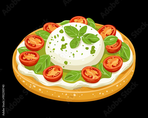 Traditional Italian Caprese Bruschetta with Burrata Tomato and Basil on Minimalist Black Background Style Art - Vector Illustration