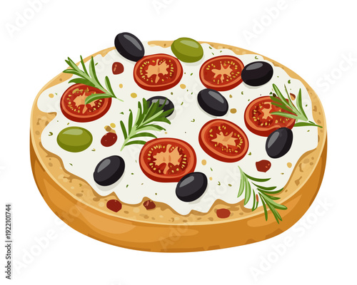 Savory Tomato and Olive Flatbread with Fresh Herbs and Melting Cheese for Mediterranean Style Snack - Vector Illustration