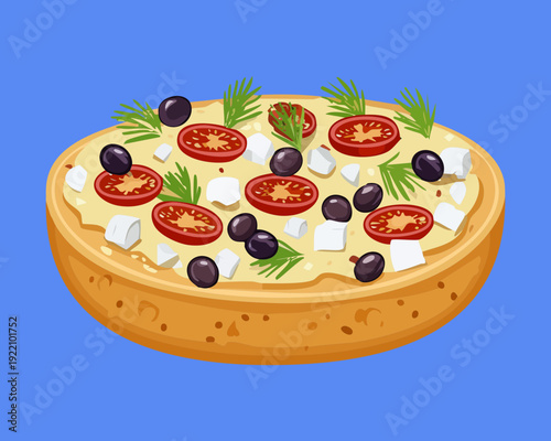Delicious Mediterranean Pizza Flatbread with Cherry Tomatoes Black Olives and Fresh Herbs on Blue Background - Vector Illustration