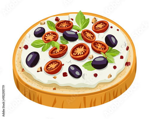 Fresh Mediterranean Bruschetta with Black Olives Cherry Tomatoes and Herbs for Savory Appetizer Menu Choice - Vector Illustration