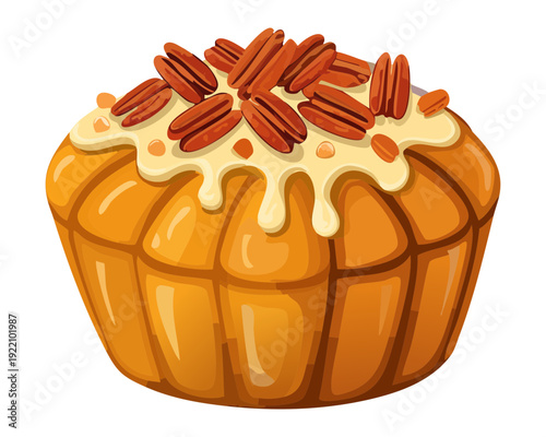 Gourmet Pecan Nut Muffin with Sweet Glaze and Nutty Toppings for Delicious Bakery Dessert Snack - Vector Illustration