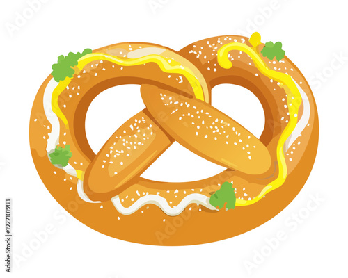 Traditional Salted Pretzel with Melting Cheese Sauce and Mustard Garnish for Classic Snack Bar Menu - Vector Illustration