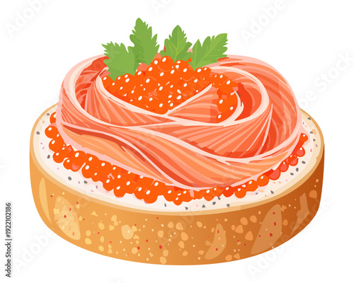 Savory Smoked Salmon Tartine with Creamy Filling and Fresh Herb Garnish for Gourmet Appetizer Menu - Vector Illustration