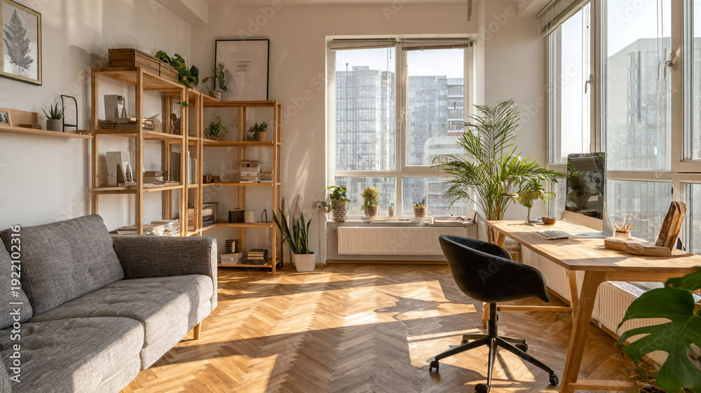 Obraz premium Bright home office with plants and natural light