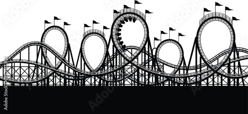 Black vector silhouette of a large roller coaster with multiple loops and flags for amusement park theme park carnival entertainment and fairground branding
