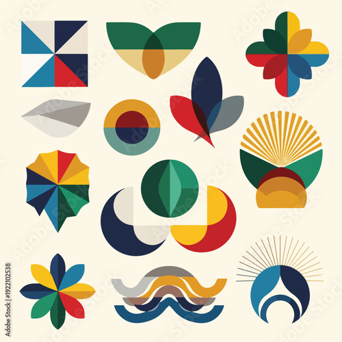 Colorful, geometric abstract shapes and arrangements with smooth shading