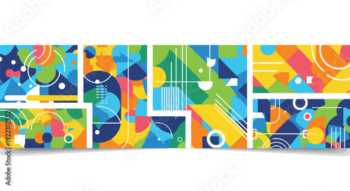 Colorful, geometric abstract image with various shapes and bright hues