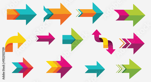 Colorful, geometric arrow designs in various styles and orientations on light gray background