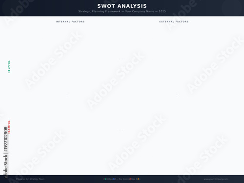 Professional SWOT analysis template infographic with four color-coded quadrants for Strengths, Weaknesses, Opportunities, and Threats. Modern strategic planning framework featuring custom icons, score