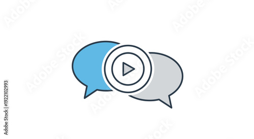 Two Speech Bubbles with Play Button Overlay Icon for Digital Communication Media