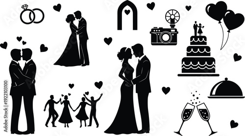 Black wedding silhouettes set with bride and groom, gay couple, cake, rings, hearts, camera, champagne and party celebration icons, isolated