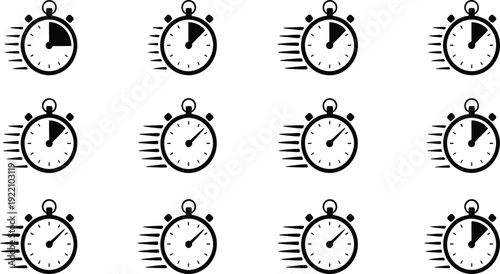 Black stopwatch icon set with speed lines isolated on white for time management, fast delivery, countdown, deadline, efficiency, and performance.