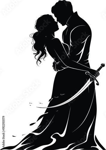 Black vector silhouette of a romantic medieval couple embracing with a woman in a flowing gown and a knight holding a sword for fantasy branding