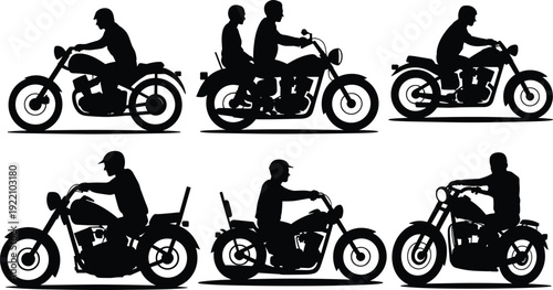 Collection of classic motorcycle rider silhouettes in side view, vintage chopper and cruiser bikes isolated on white background, biker lifestyle transportation vector illustration set