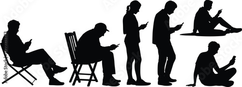 Collection of People Using Smartphones in Different Poses Silhouettes Isolated on White Background, Modern Technology Black Shadow Illustration Set