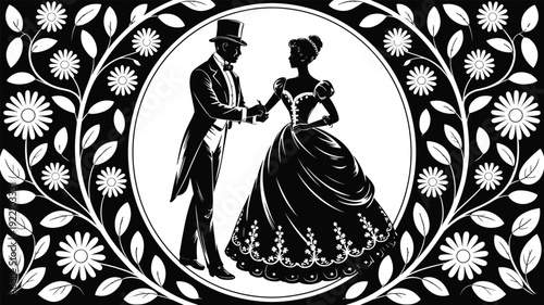 Black vector silhouette of a romantic Victorian couple dancing in a ball gown and tuxedo inside a floral circular frame for wedding invitations