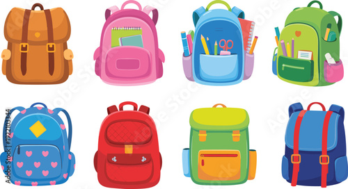 Colorful school backpack collection set with books and stationery, cute cartoon style rucksacks isolated on white background for education, student supplies, and back to school design
