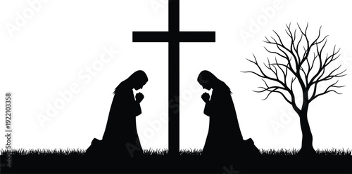Black silhouette of two people kneeling in prayer before a cross, cemetery memorial, religious faith, spiritual worship isolated on white,