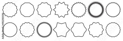 Black Starburst Badge Shapes Vector Set Collection. Assorted starburst and seal silhouettes isolated on white background, ideal for sale tags, awards, and branding graphics and marketing materials.