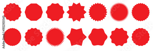 Red Starburst Badge Shapes Vector Set Collection. Assorted starburst and seal silhouettes isolated on white background, ideal for sale tags, awards, and branding graphics and marketing materials.