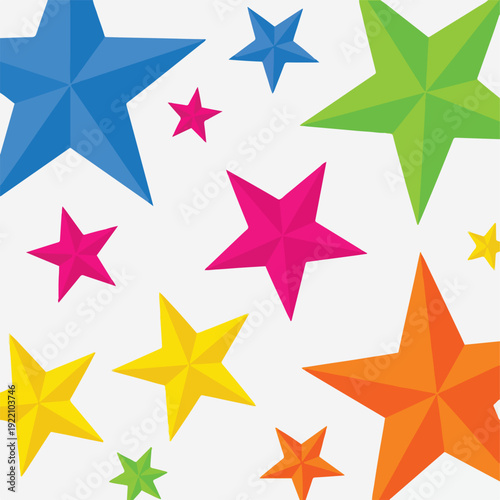 Colorful, geometric star illustrations of various sizes on a white background