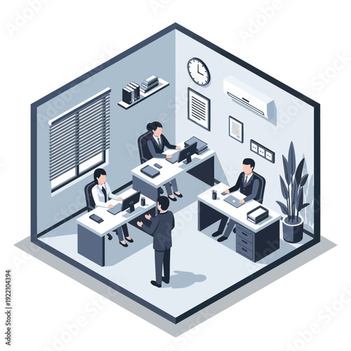 Business meeting interview with camera operator filming in office.