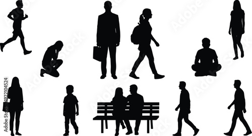 People Silhouettes Collection Vector Illustration, Walking Sitting Running Standing Figures Isolated On White Background Urban Lifestyle Concept