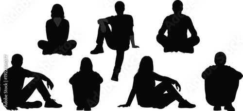 People sitting cross legged silhouette set, young men and women relaxed poses black vector illustration isolated background