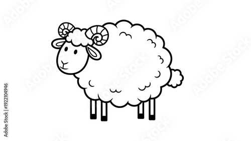 Cute cartoon ram sheep with curly horns, simple line art illustration, isolated on white background