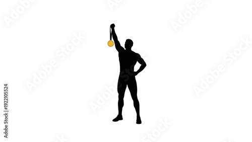 Silhouette of a successful athlete holding a gold medal up high