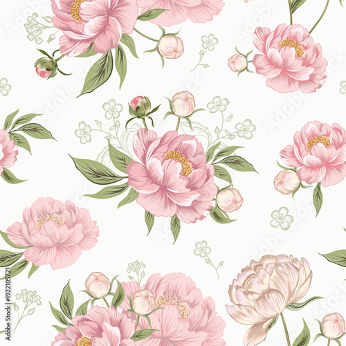 Fashion floral seamless vector fabric pattern with peony flowers on white background