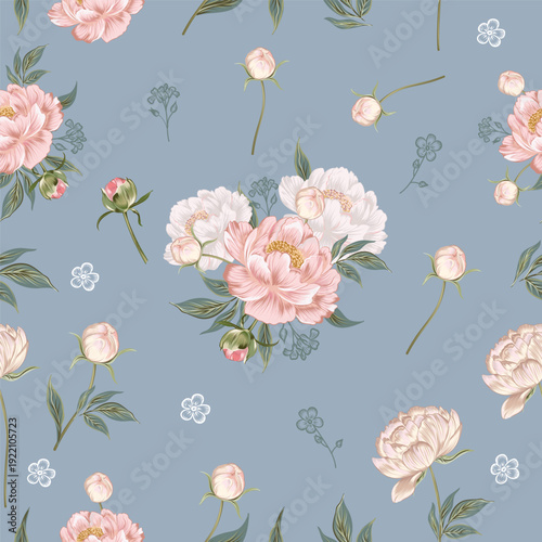 Fashion floral seamless vector fabric pattern with peony flowers on blue back...