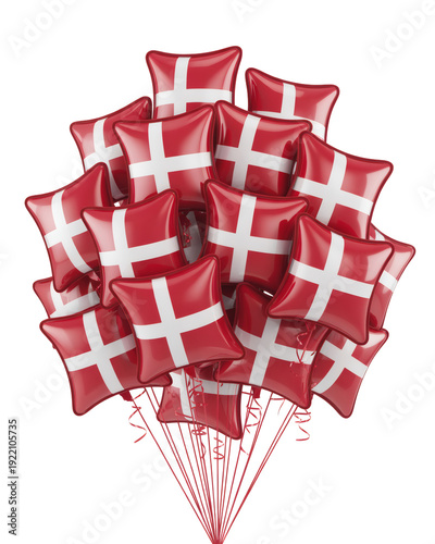 Celebratory Danish flag balloons floating joyfully, perfect for national holidays and events.