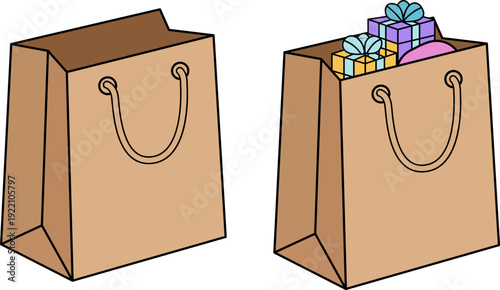 Two brown paper shopping bags one filled with colorful gifts