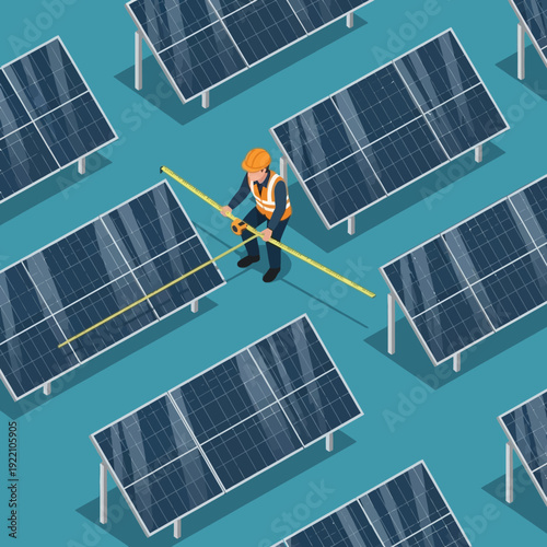 Engineer inspecting solar panels in a large solar farm.