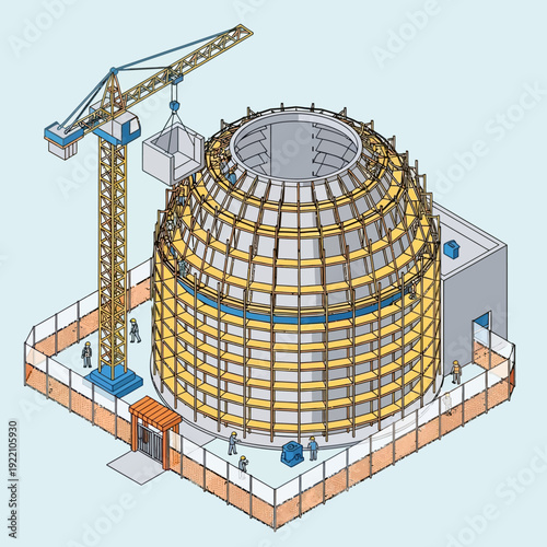 Construction of a large containment building under development with crane.