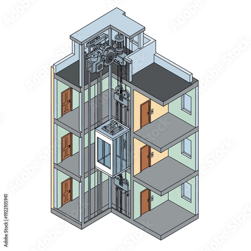 Detailed cross-section of a multi-story building with elevator shaft and residential units.