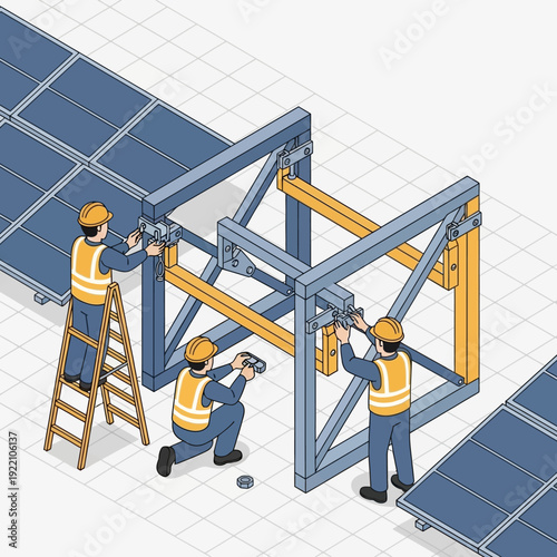 Three workers installing solar panel mounting structure.