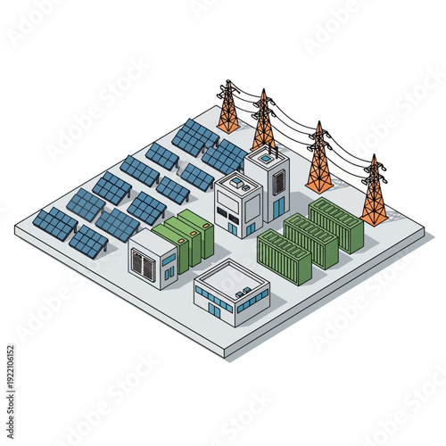 Isometric illustration of a solar power plant with energy storage and transmission infrastructure.