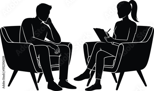 Black vector silhouette of a therapy session with a male patient sitting in an armchair and a female psychologist taking notes on a clipboard