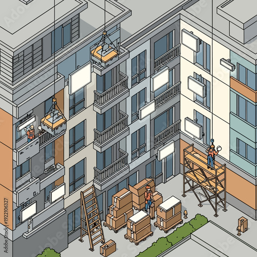 Construction workers renovating a multi-story building with scaffolding and cranes.