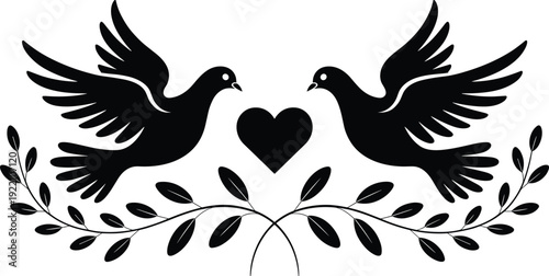 Black vector silhouette of two pigeons or doves flying toward a central heart with olive branch leaves for peace wedding and valentines day branding