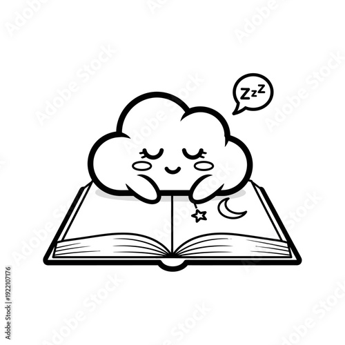 Cute Cloud Character Sleeping on Open Book with Star and Moon