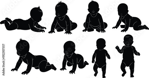 Black vector silhouette set of a baby in various developmental stages including crawling sitting and taking first steps for childcare parenting and pediatrics branding