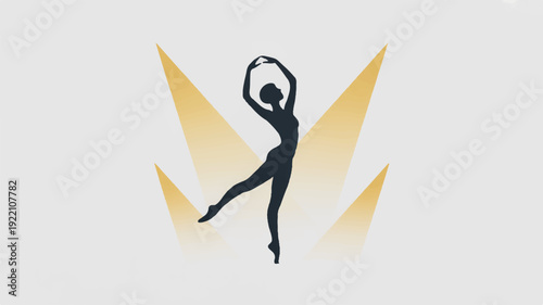 A dynamic silhouette of a dancer in motion with abstract golden wings on a light background symbolizing freedom and creativity in a minimalist design