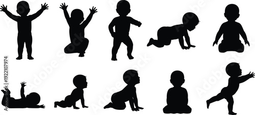 Black vector silhouette set of cute babies in various developmental stages including crawling sitting standing and reaching for nursery decor and parenting branding