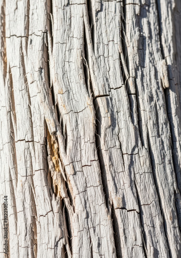 Obraz premium Close up abstract macro view of sun whitened, cracked, and heavily textured weathered wood grain showing the effects of extreme dry exposure, sun, summer, natural