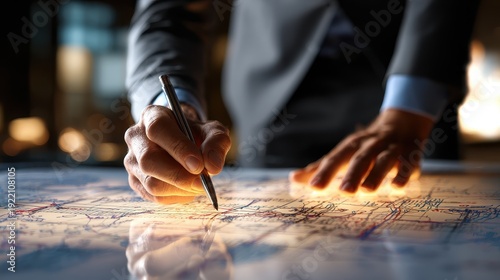 Corporate planning executive organizing strategic documents and forecasting models conveying vision alignment structured development and organizational resilience close up leadership theme realistic